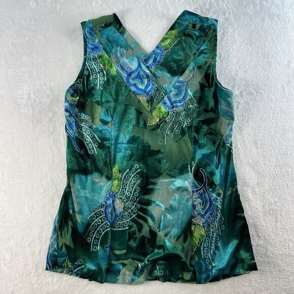 Vintage 2000s Women's S Velvet Burnout Top Teal Gold V-Neck Sleeveless Blouse - Picture 2 of 9